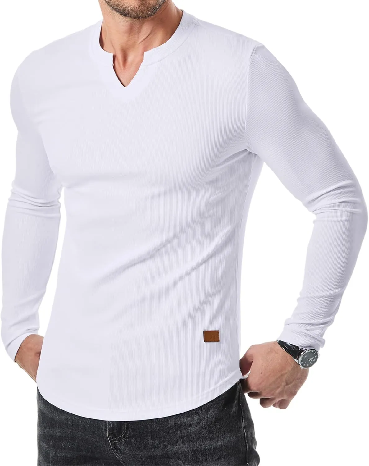 JMIERR Mens Long Sleeve Muscle T Shirts Casual V-Neck Longline Ribbed Tee Shirts