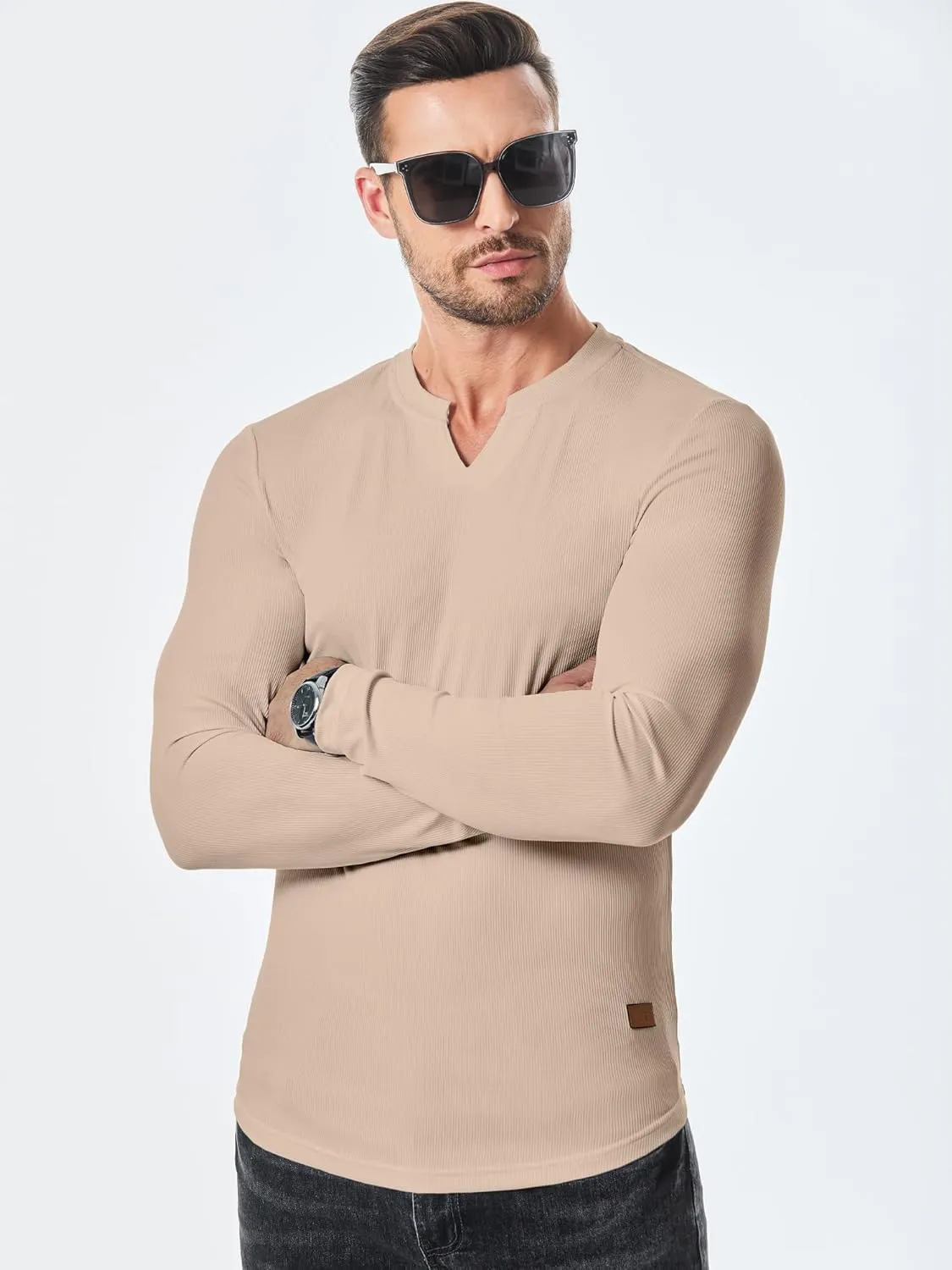 JMIERR Mens Long Sleeve Muscle T Shirts Casual V-Neck Longline Ribbed Tee Shirts