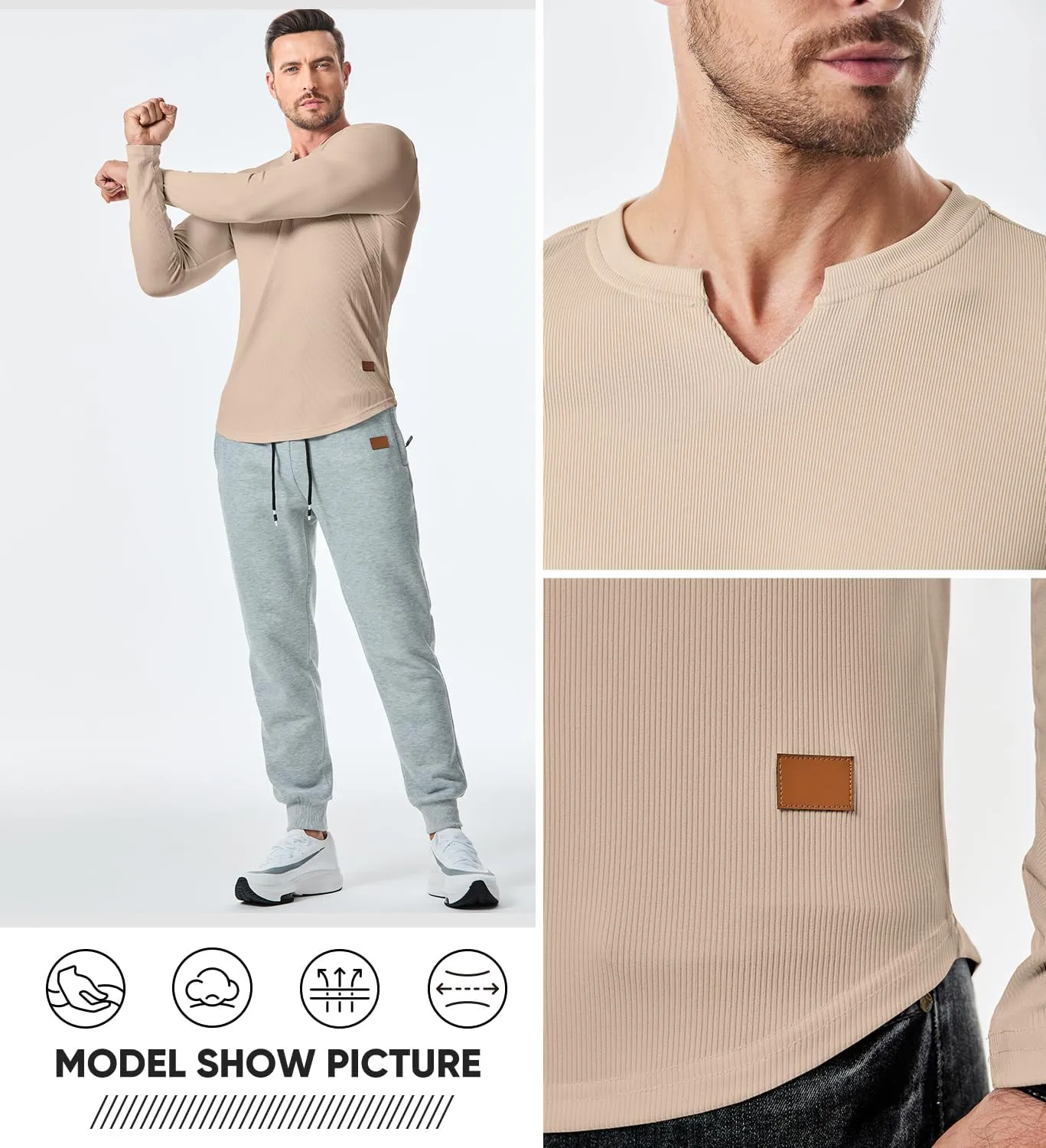 JMIERR Mens Long Sleeve Muscle T Shirts Casual V-Neck Longline Ribbed Tee Shirts