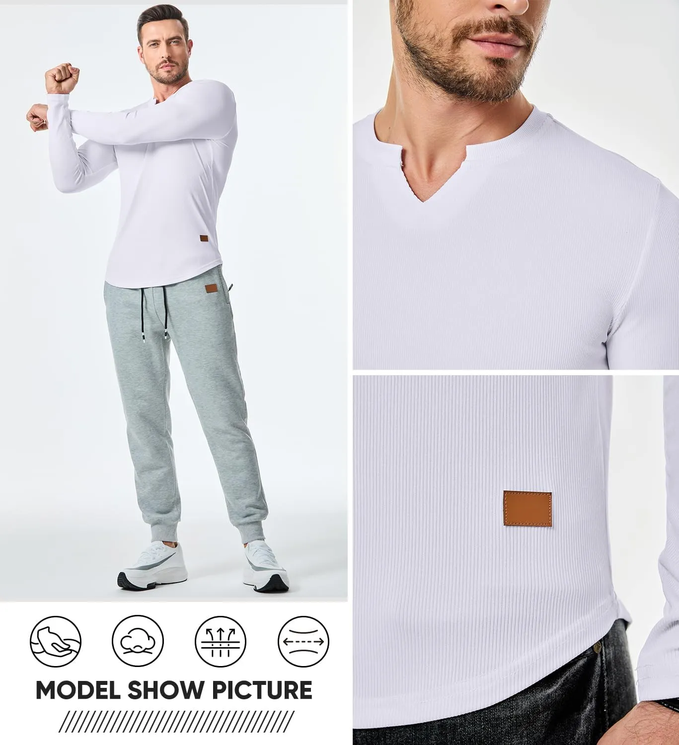 JMIERR Mens Long Sleeve Muscle T Shirts Casual V-Neck Longline Ribbed Tee Shirts