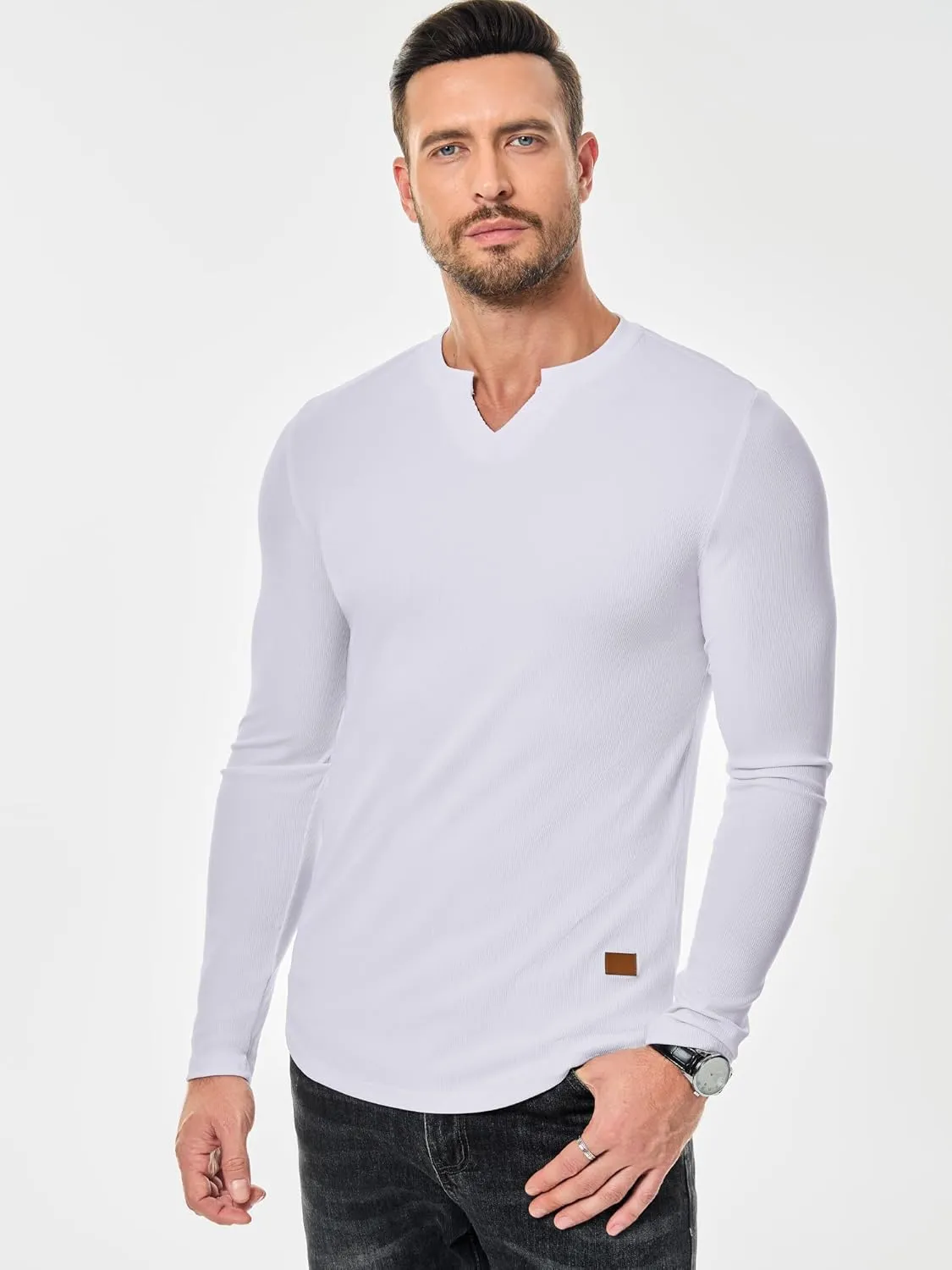 JMIERR Mens Long Sleeve Muscle T Shirts Casual V-Neck Longline Ribbed Tee Shirts
