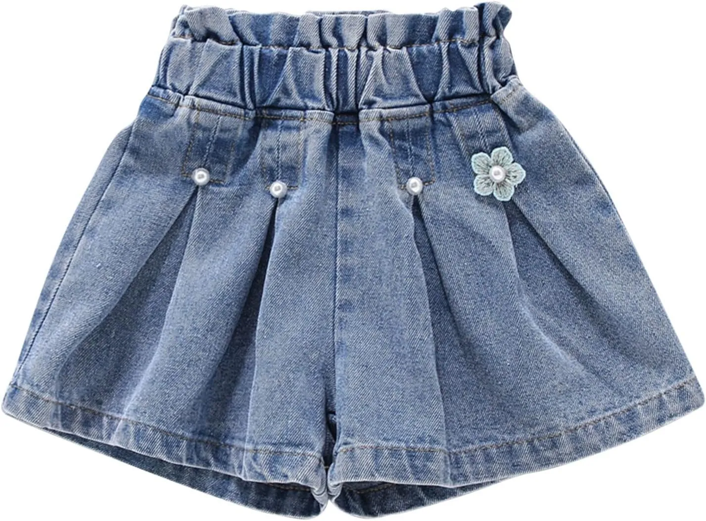 Kids Girl Denim Shorts Flower Elastic High Waisted Straight Wide Leg Summer Cute Jeans Childrens Teens Casual Shorts
