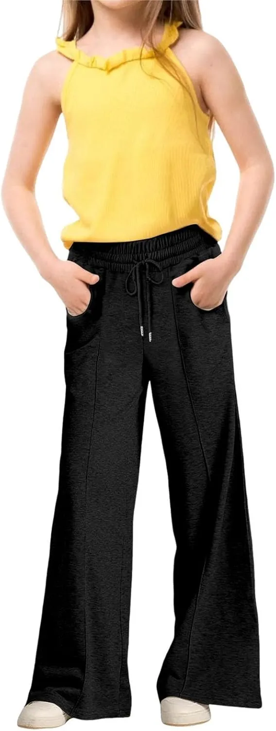 Kids Girls Straight Wide Leg Sweatpants High Waisted Baggy Pants Teen Elastic Waist Loose Fit Trousers with Pockets
