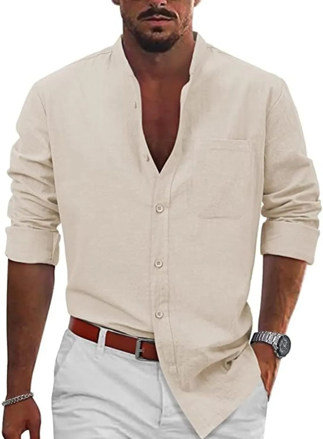 KUIOLYPOER Button Down Linen Shirts for Men Solid Color Casual Long Sleeve Regular Fit Cotton Beach Shirts with Pocket