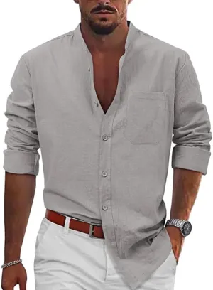 KUIOLYPOER Button Down Linen Shirts for Men Solid Color Casual Long Sleeve Regular Fit Cotton Beach Shirts with Pocket