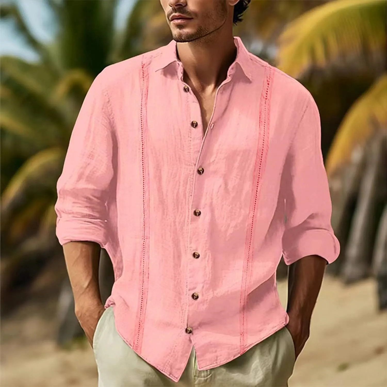 KUIOLYPOER Long Sleeve Shirts for Men Cotton Linen Casual Lapel Fashion Solid Color Spring and Summer Button Cardigan Tops