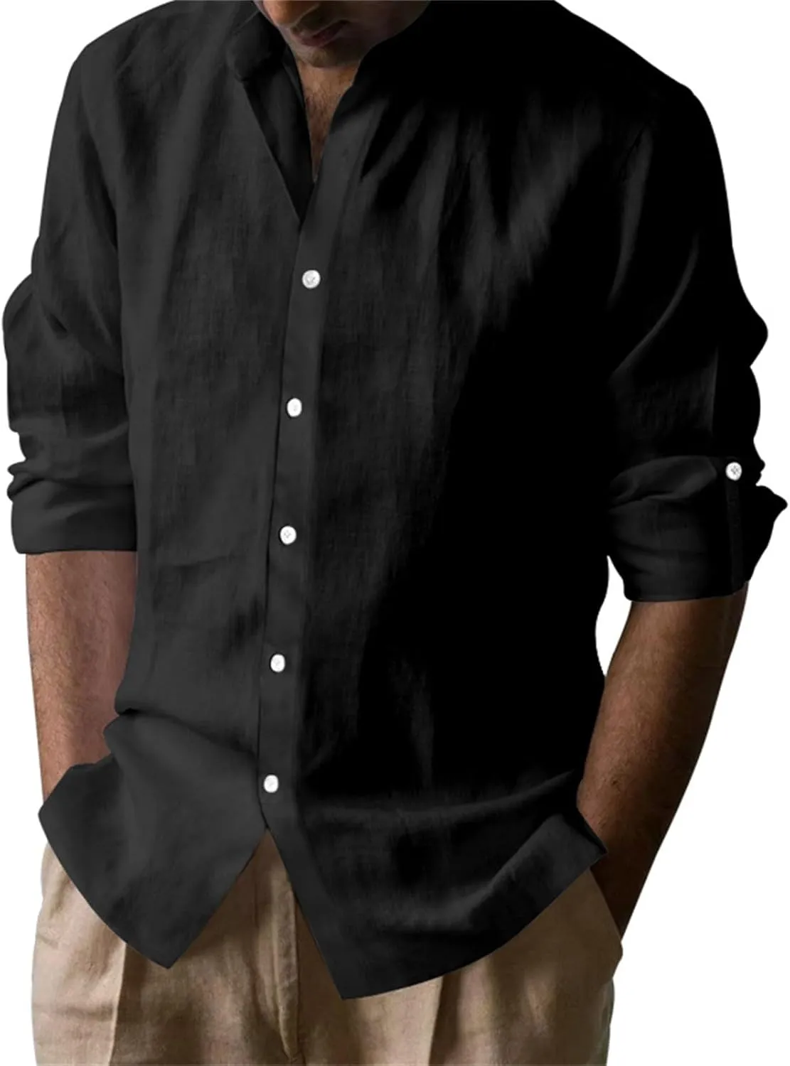 KUIOLYPOER Men's Hawaiian Cotton Linen Shirts Long Sleeve Button Down Shirt Casual V-Neck Wrinkle Free Breathable Beach Wear