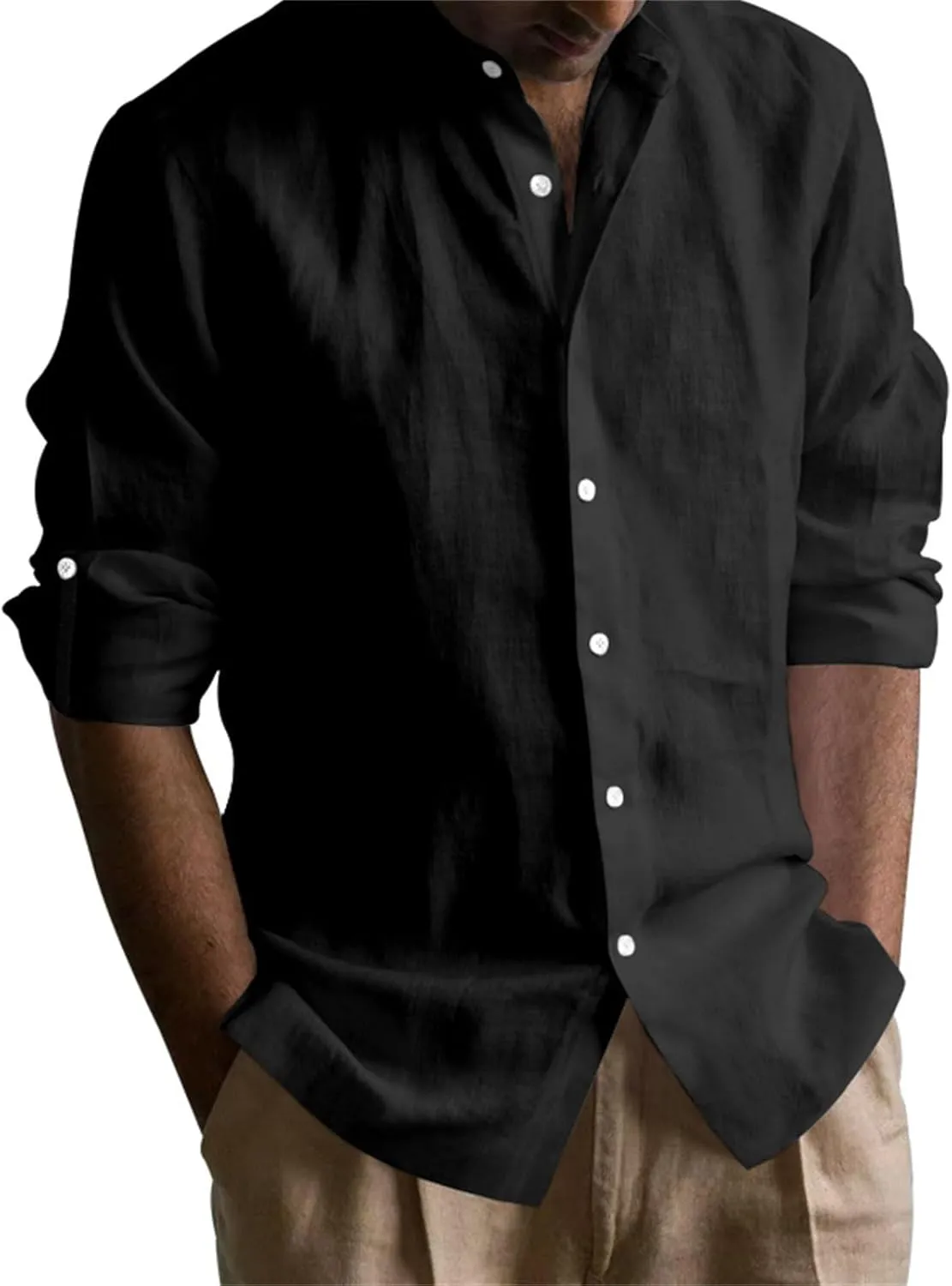 KUIOLYPOER Men's Hawaiian Cotton Linen Shirts Long Sleeve Button Down Shirt Casual V-Neck Wrinkle Free Breathable Beach Wear
