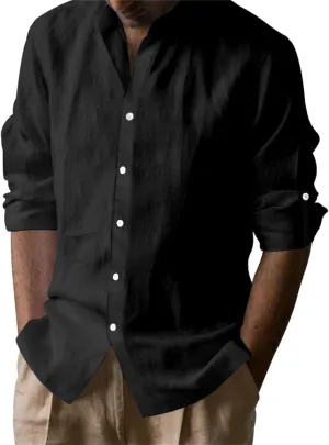 KUIOLYPOER Men's Hawaiian Cotton Linen Shirts Long Sleeve Button Down Shirt Casual V-Neck Wrinkle Free Breathable Beach Wear