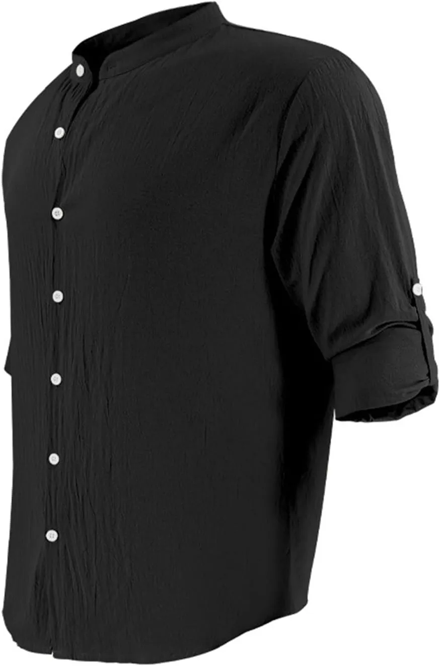 KUIOLYPOER Men's Hawaiian Cotton Linen Shirts Long Sleeve Button Down Shirt Casual V-Neck Wrinkle Free Breathable Beach Wear
