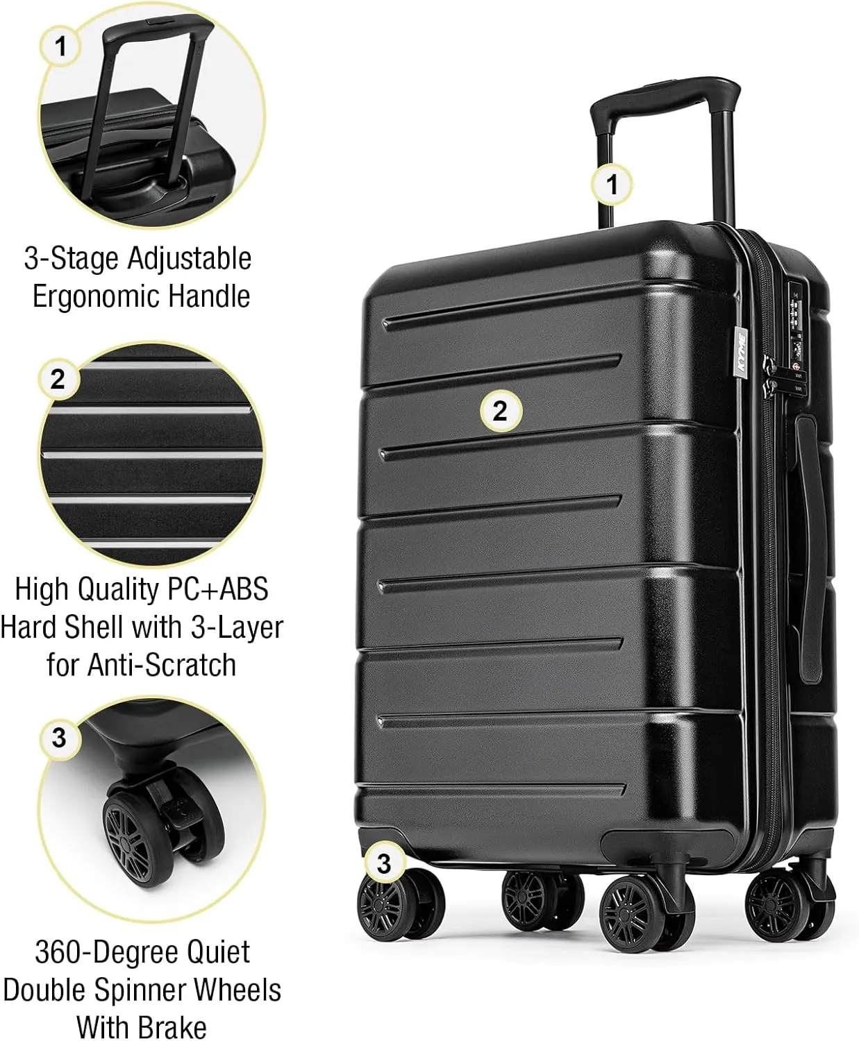 KYME Luggage Sets 3 Piece Hardshell 22"/26"/30" Checked Suitcases with Spinner Wheels PC ABS Suitcase Sets with TSA Lock Travel Rolling Luggage Set for Women Men Black