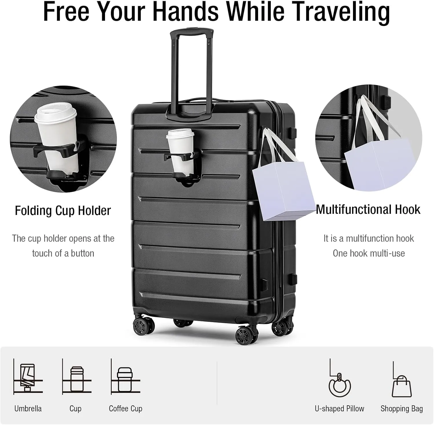 KYME Luggage Sets 3 Piece Hardshell 22"/26"/30" Checked Suitcases with Spinner Wheels PC ABS Suitcase Sets with TSA Lock Travel Rolling Luggage Set for Women Men Black