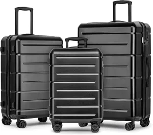 KYME Luggage Sets 3 Piece Hardshell 22"/26"/30" Checked Suitcases with Spinner Wheels PC ABS Suitcase Sets with TSA Lock Travel Rolling Luggage Set for Women Men Black