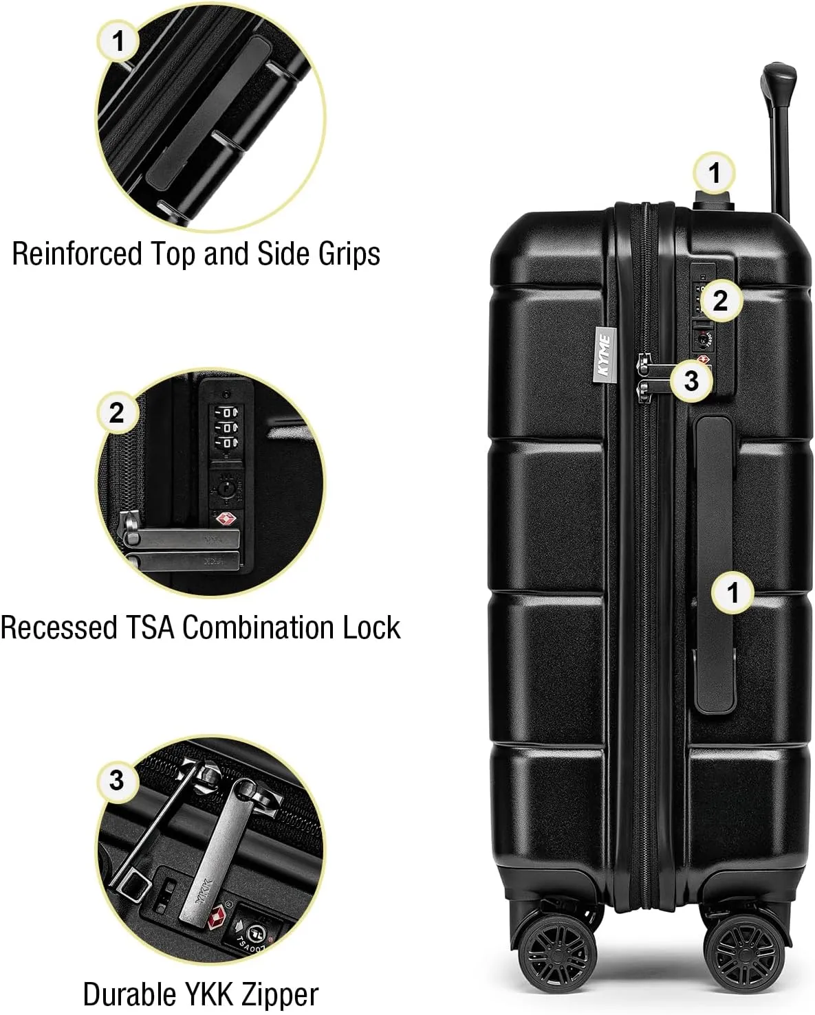 KYME Luggage Sets 3 Piece Hardshell 22"/26"/30" Checked Suitcases with Spinner Wheels PC ABS Suitcase Sets with TSA Lock Travel Rolling Luggage Set for Women Men Black