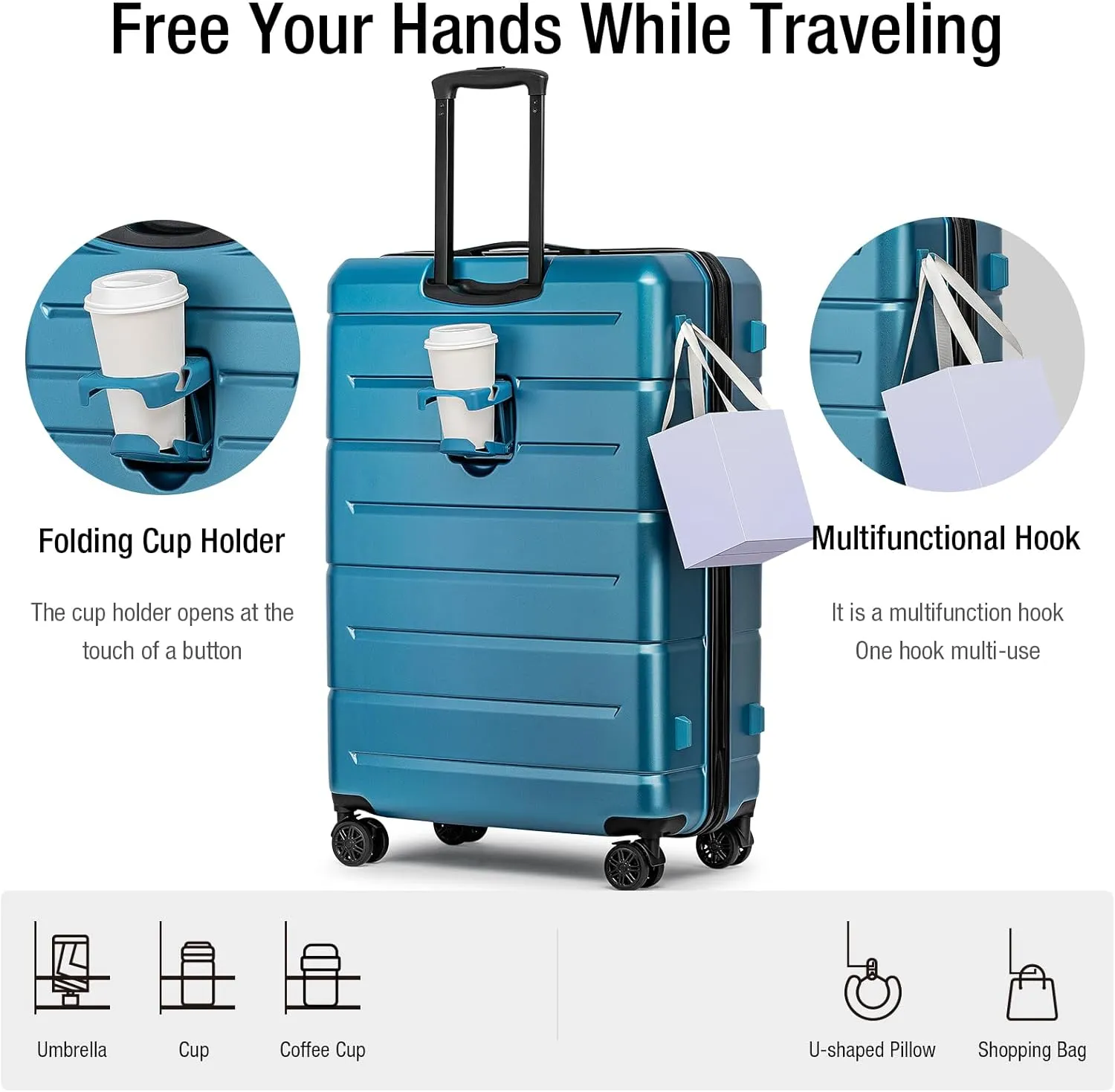KYME Luggage Sets 3 Piece Hardshell 22"/26"/30" Checked Suitcases with Spinner Wheels PC ABS Suitcase Sets with TSA Lock Travel Rolling Luggage Set for Women Men Blue