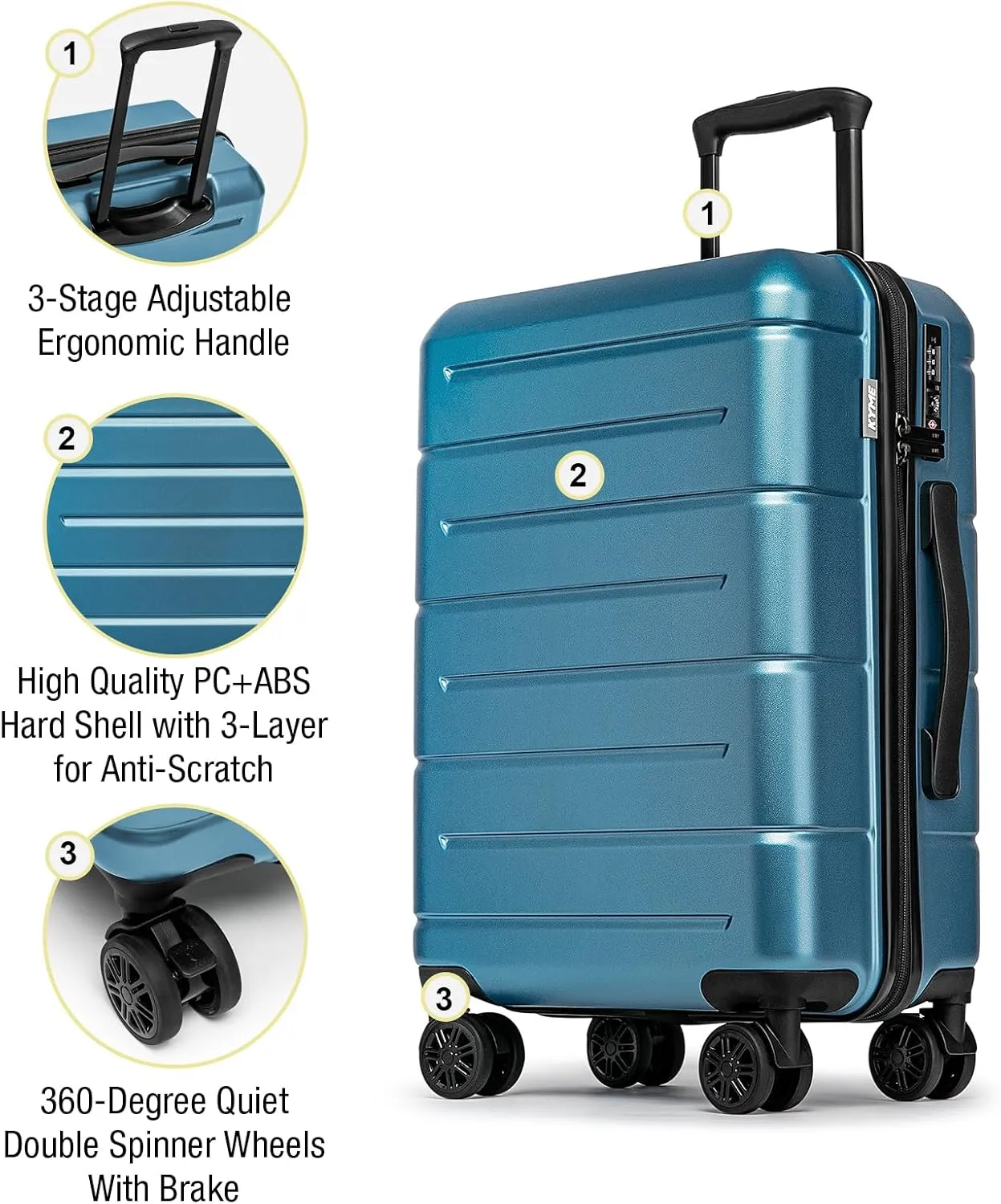 KYME Luggage Sets 3 Piece Hardshell 22"/26"/30" Checked Suitcases with Spinner Wheels PC ABS Suitcase Sets with TSA Lock Travel Rolling Luggage Set for Women Men Blue