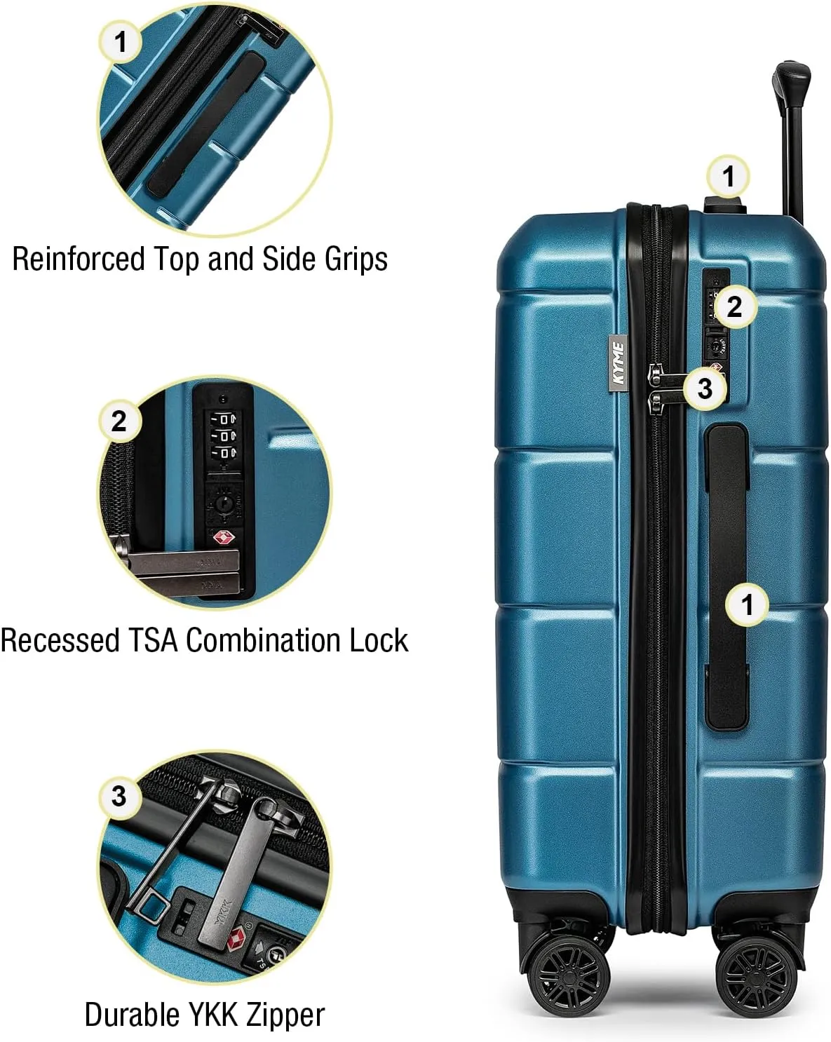 KYME Luggage Sets 3 Piece Hardshell 22"/26"/30" Checked Suitcases with Spinner Wheels PC ABS Suitcase Sets with TSA Lock Travel Rolling Luggage Set for Women Men Blue