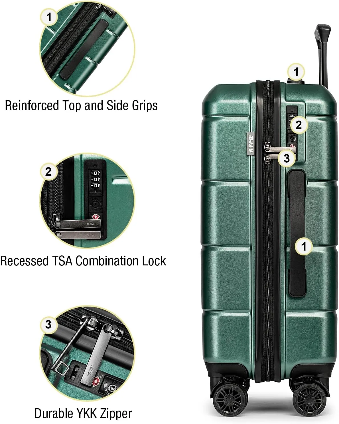 KYME Luggage Sets 3 Piece Hardshell 22"/26"/30" Checked Suitcases with Spinner Wheels PC ABS Suitcase Sets with TSA Lock Travel Rolling Luggage Set for Women Men Green
