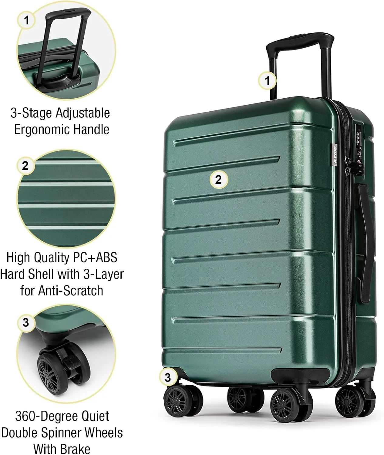 KYME Luggage Sets 3 Piece Hardshell 22"/26"/30" Checked Suitcases with Spinner Wheels PC ABS Suitcase Sets with TSA Lock Travel Rolling Luggage Set for Women Men Green