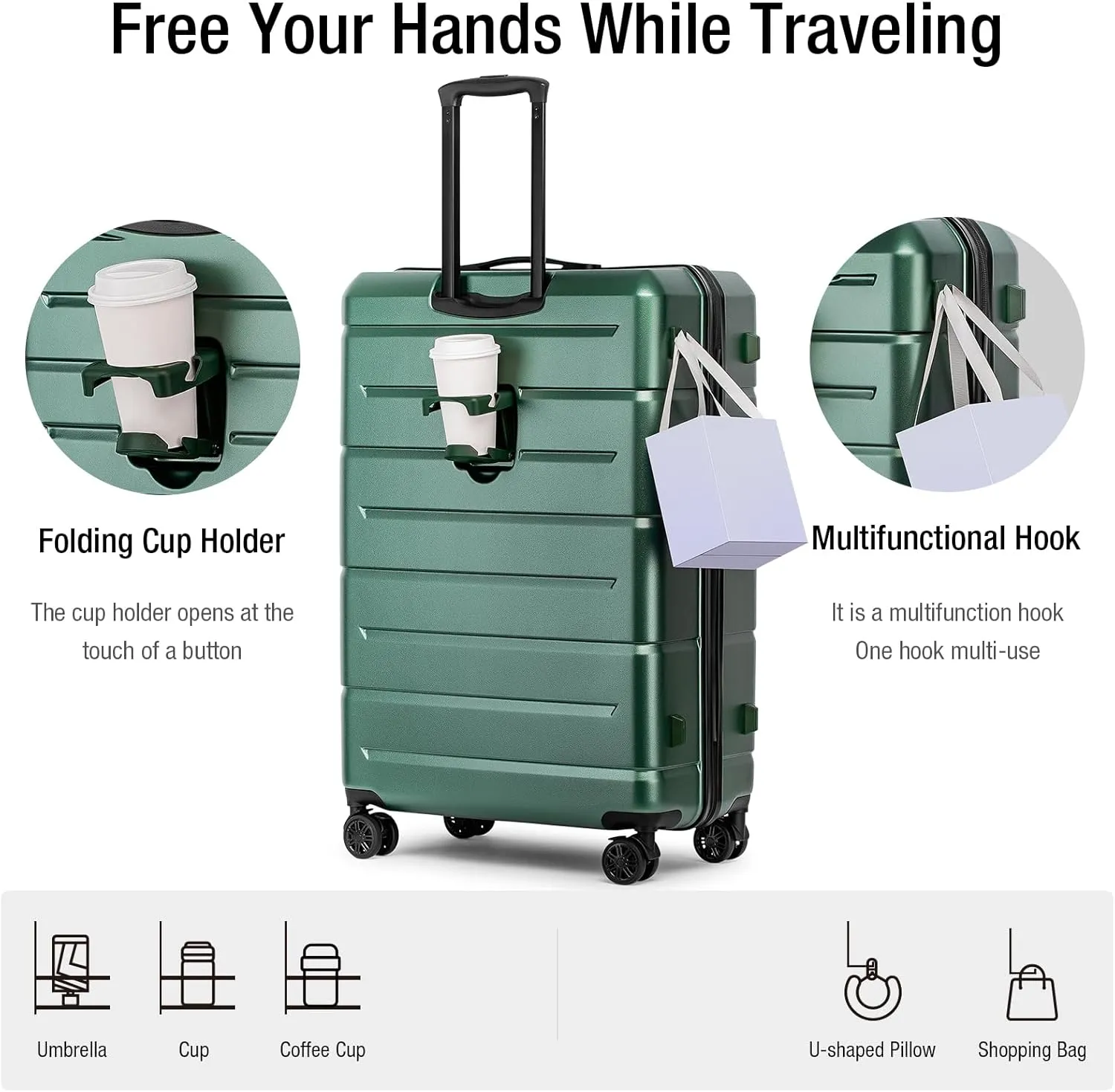 KYME Luggage Sets 3 Piece Hardshell 22"/26"/30" Checked Suitcases with Spinner Wheels PC ABS Suitcase Sets with TSA Lock Travel Rolling Luggage Set for Women Men Green