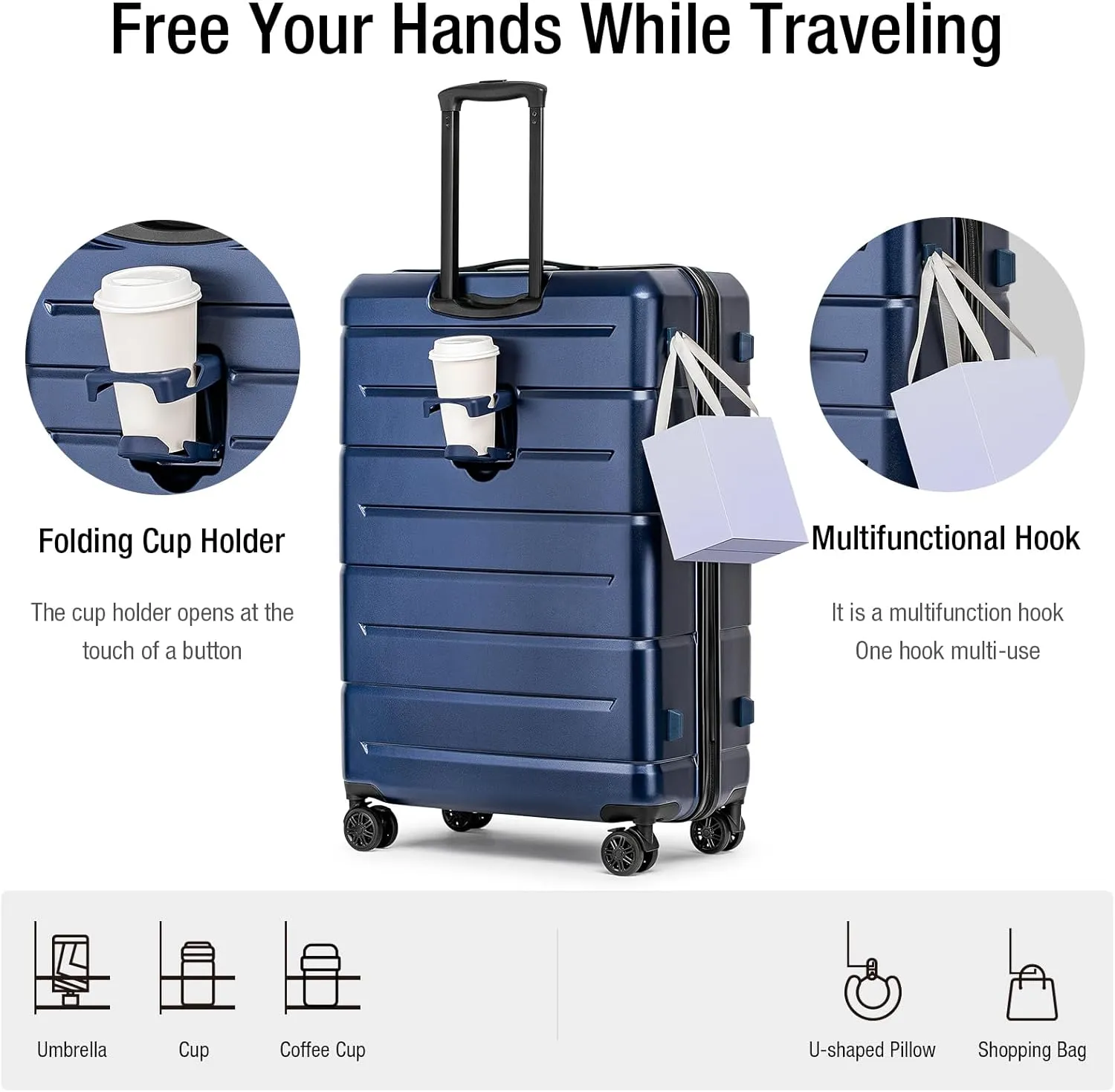 KYME Luggage Sets 3 Piece Hardshell 22"/26"/30" Checked Suitcases with Spinner Wheels PC ABS Suitcase Sets with TSA Lock Travel Rolling Luggage Set for Women Men Navy