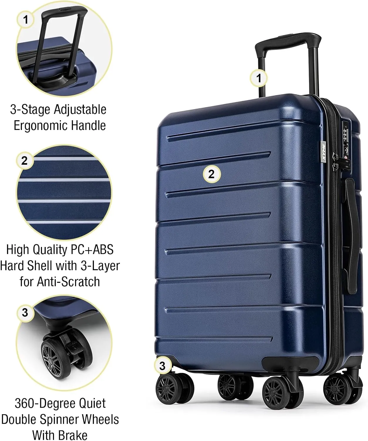 KYME Luggage Sets 3 Piece Hardshell 22"/26"/30" Checked Suitcases with Spinner Wheels PC ABS Suitcase Sets with TSA Lock Travel Rolling Luggage Set for Women Men Navy