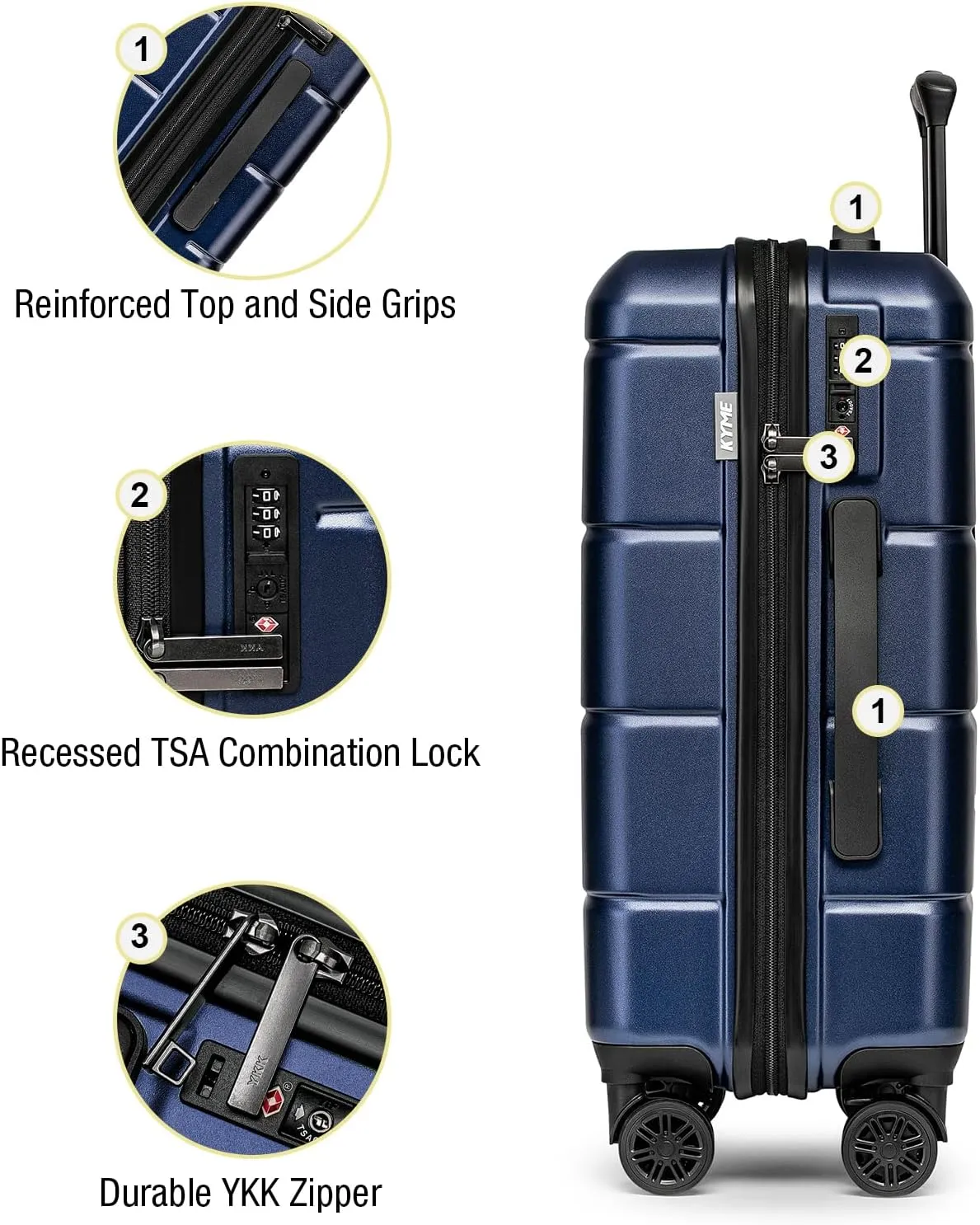 KYME Luggage Sets 3 Piece Hardshell 22"/26"/30" Checked Suitcases with Spinner Wheels PC ABS Suitcase Sets with TSA Lock Travel Rolling Luggage Set for Women Men Navy