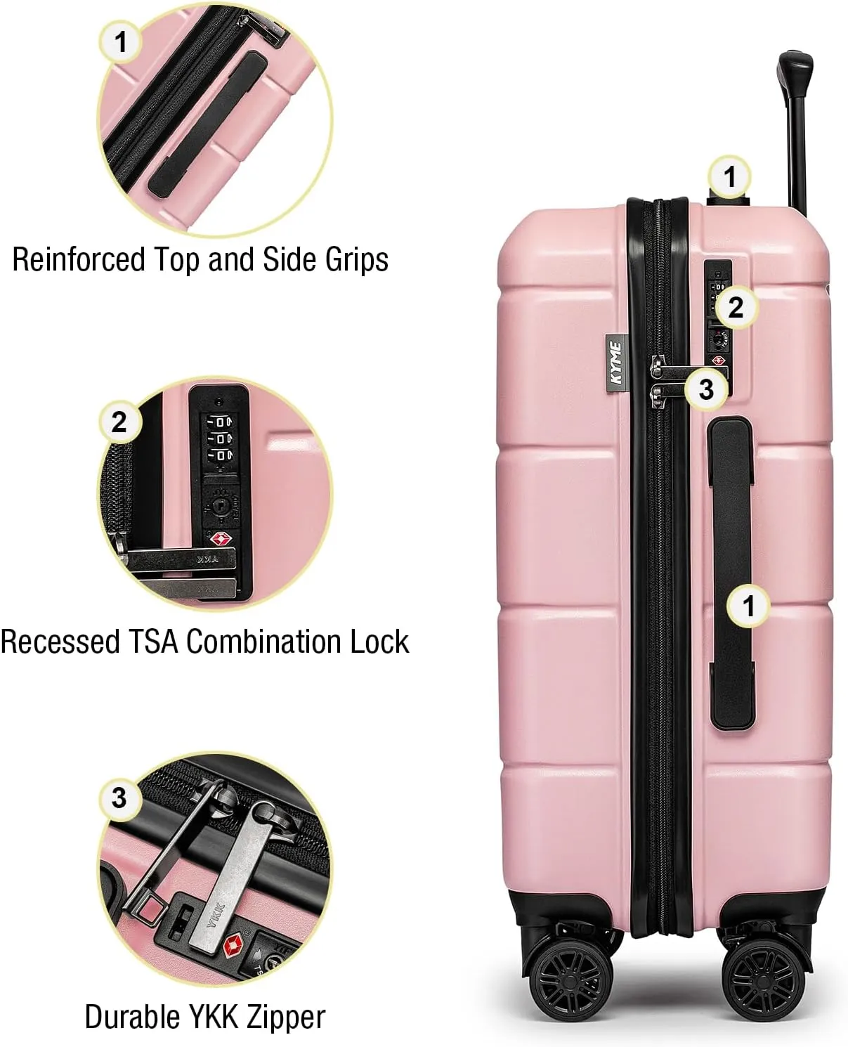 KYME Pink Luggage Sets 3 Piece Hardshell 22"/26"/30" Checked Suitcases with Spinner Wheels PC ABS Suitcase Sets with TSA Lock Travel Rolling Luggage Set for Women Men