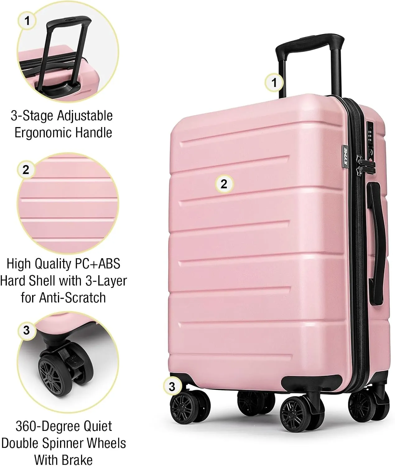 KYME Pink Luggage Sets 3 Piece Hardshell 22"/26"/30" Checked Suitcases with Spinner Wheels PC ABS Suitcase Sets with TSA Lock Travel Rolling Luggage Set for Women Men
