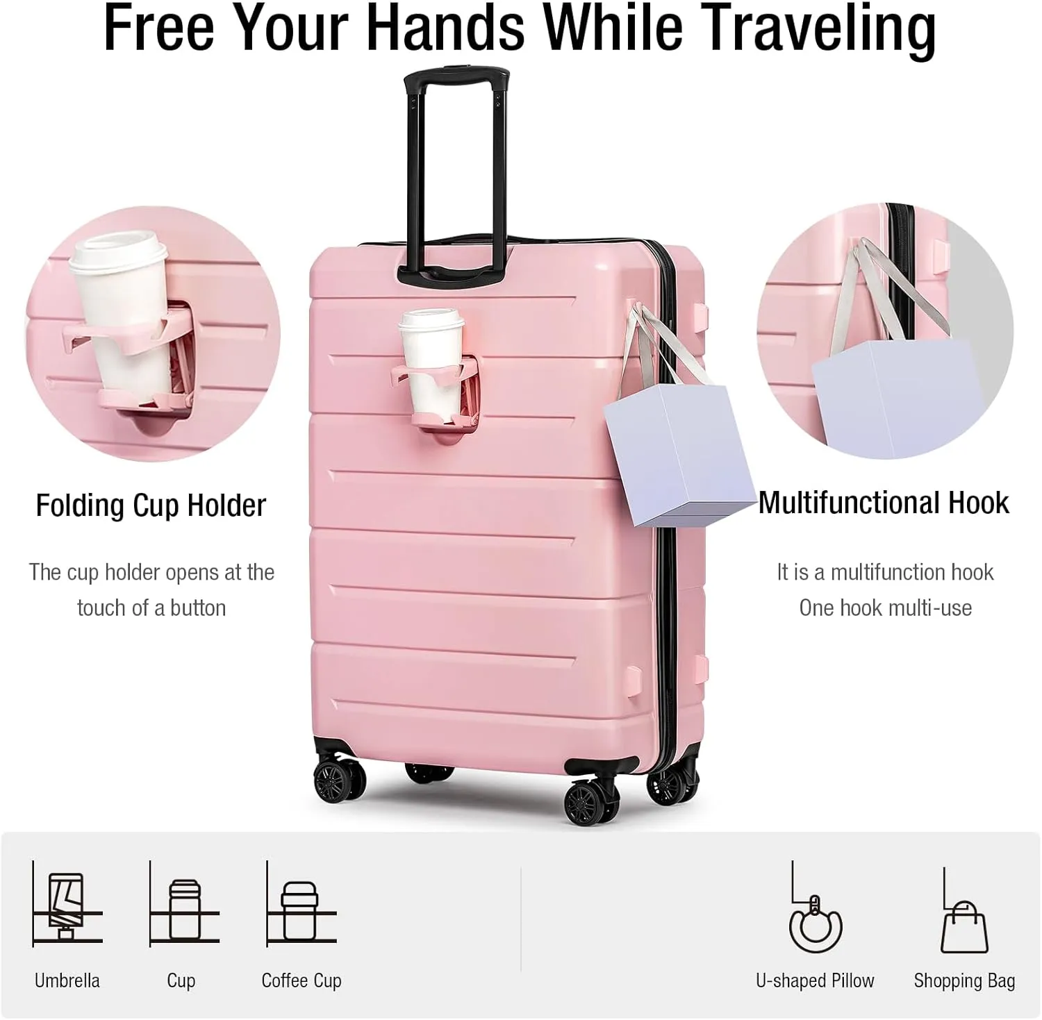 KYME Pink Luggage Sets 3 Piece Hardshell 22"/26"/30" Checked Suitcases with Spinner Wheels PC ABS Suitcase Sets with TSA Lock Travel Rolling Luggage Set for Women Men