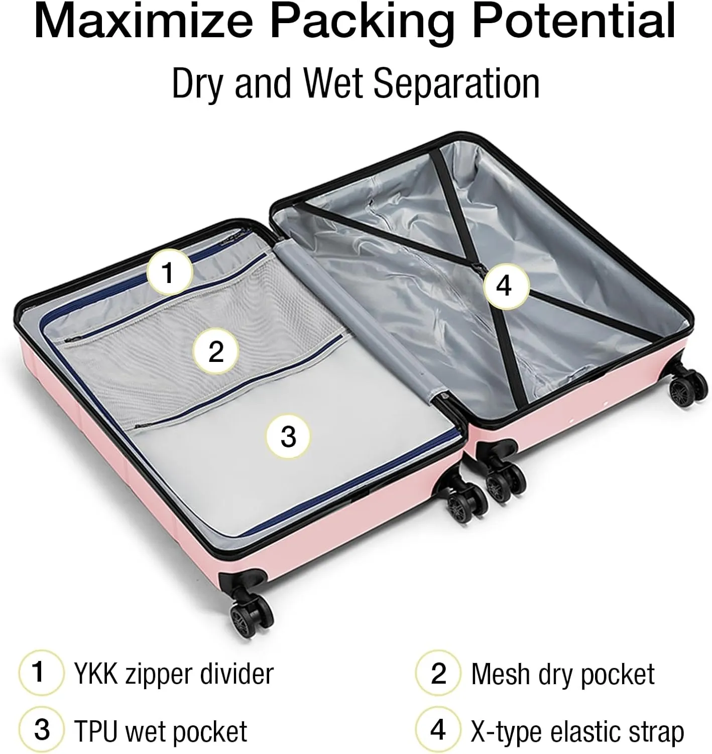 KYME Pink Luggage Sets 3 Piece Hardshell 22"/26"/30" Checked Suitcases with Spinner Wheels PC ABS Suitcase Sets with TSA Lock Travel Rolling Luggage Set for Women Men