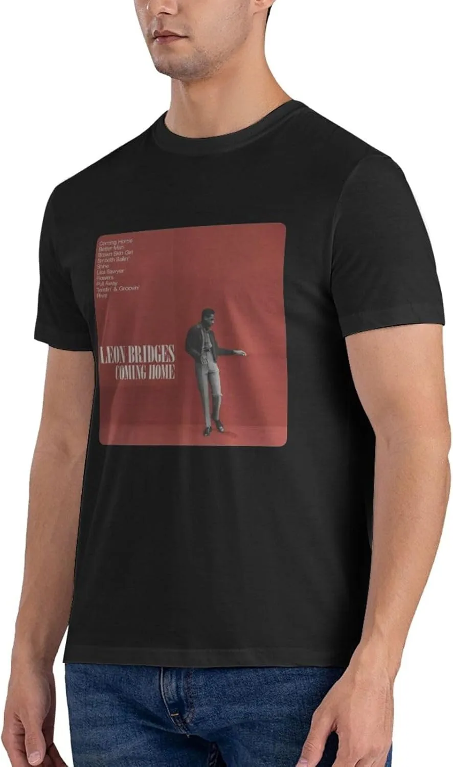 Leon Music Bridges Men's T-Shirts Short Sleeve Casual Crew Neck Basic Tee Shirts Black