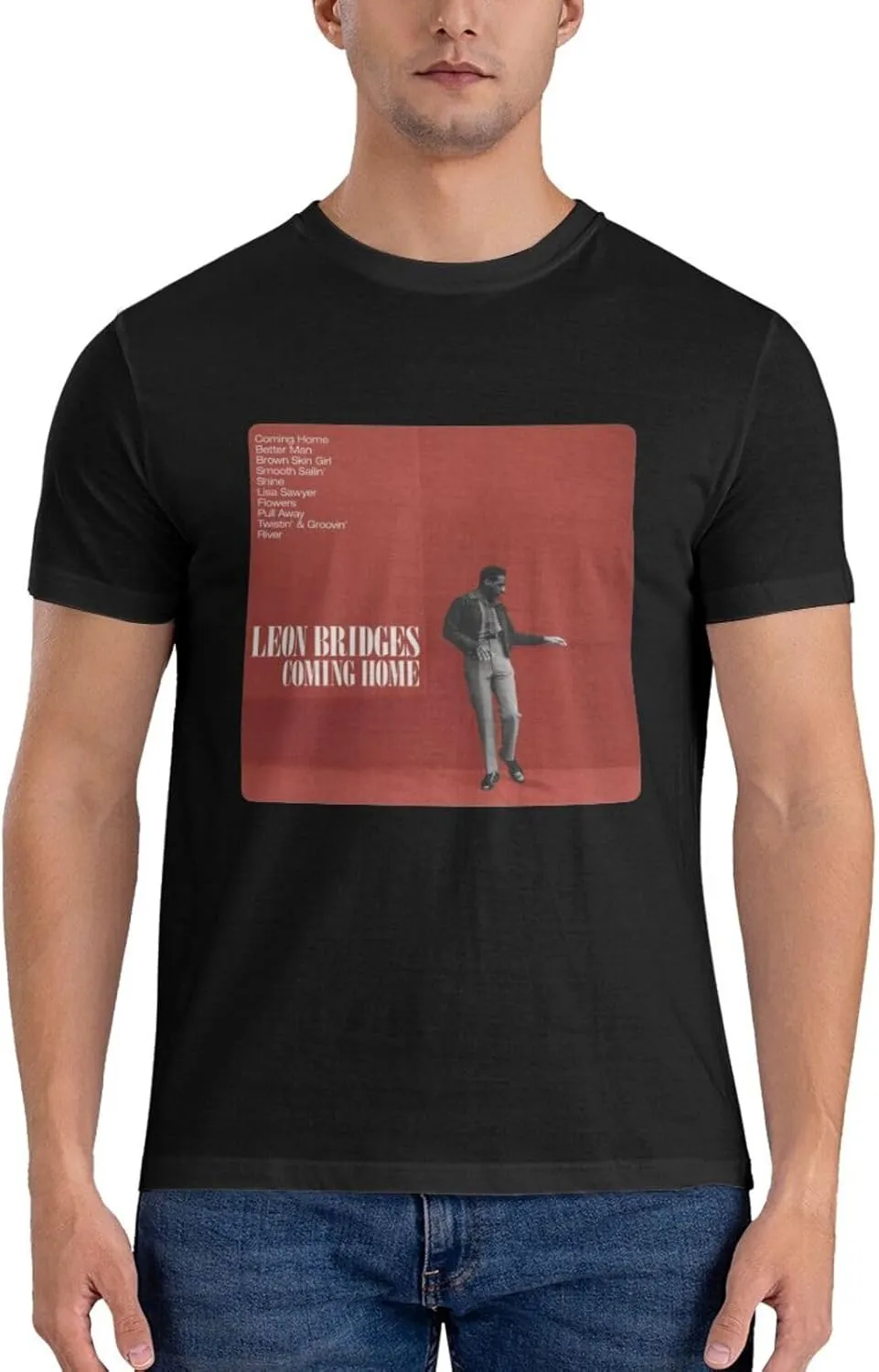 Leon Music Bridges Men's T-Shirts Short Sleeve Casual Crew Neck Basic Tee Shirts Black