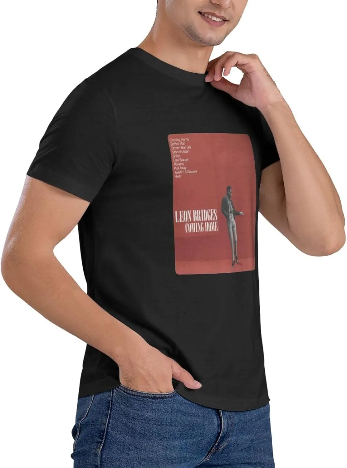 Leon Music Bridges Men's T-Shirts Short Sleeve Casual Crew Neck Basic Tee Shirts Black