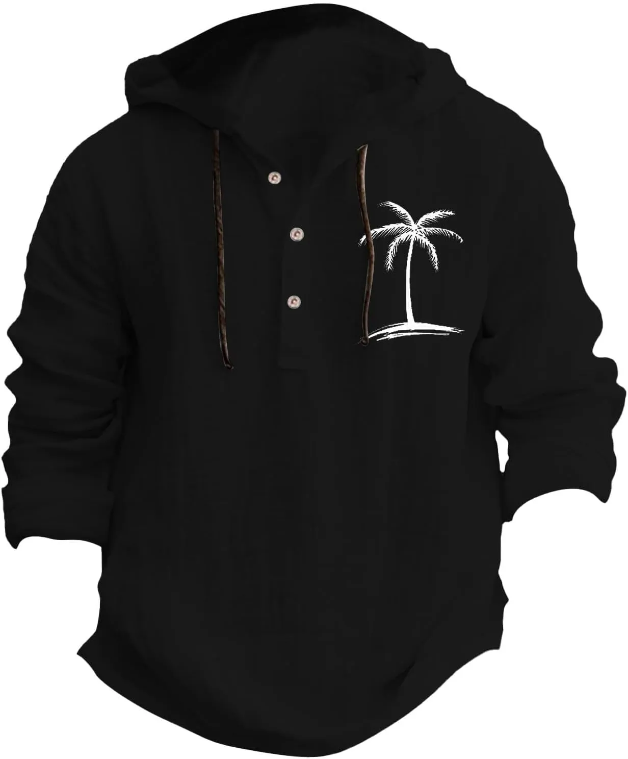 Linen Button Down Coconut Tree Pattern Printed Hooded Shirt Casual Summer Vacation Beach Long Sleeve Tees with Hooded