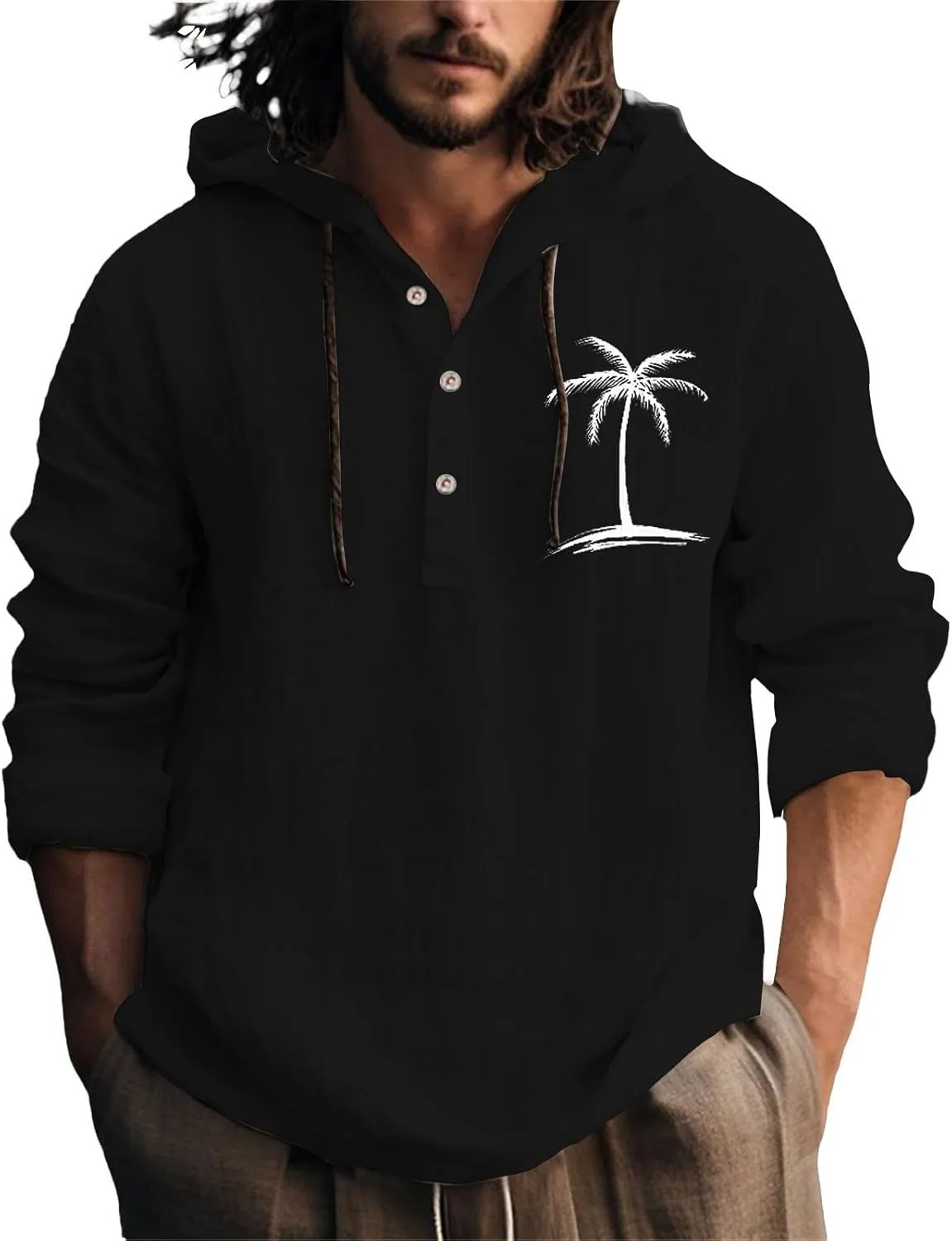 Linen Button Down Coconut Tree Pattern Printed Hooded Shirt Casual Summer Vacation Beach Long Sleeve Tees with Hooded