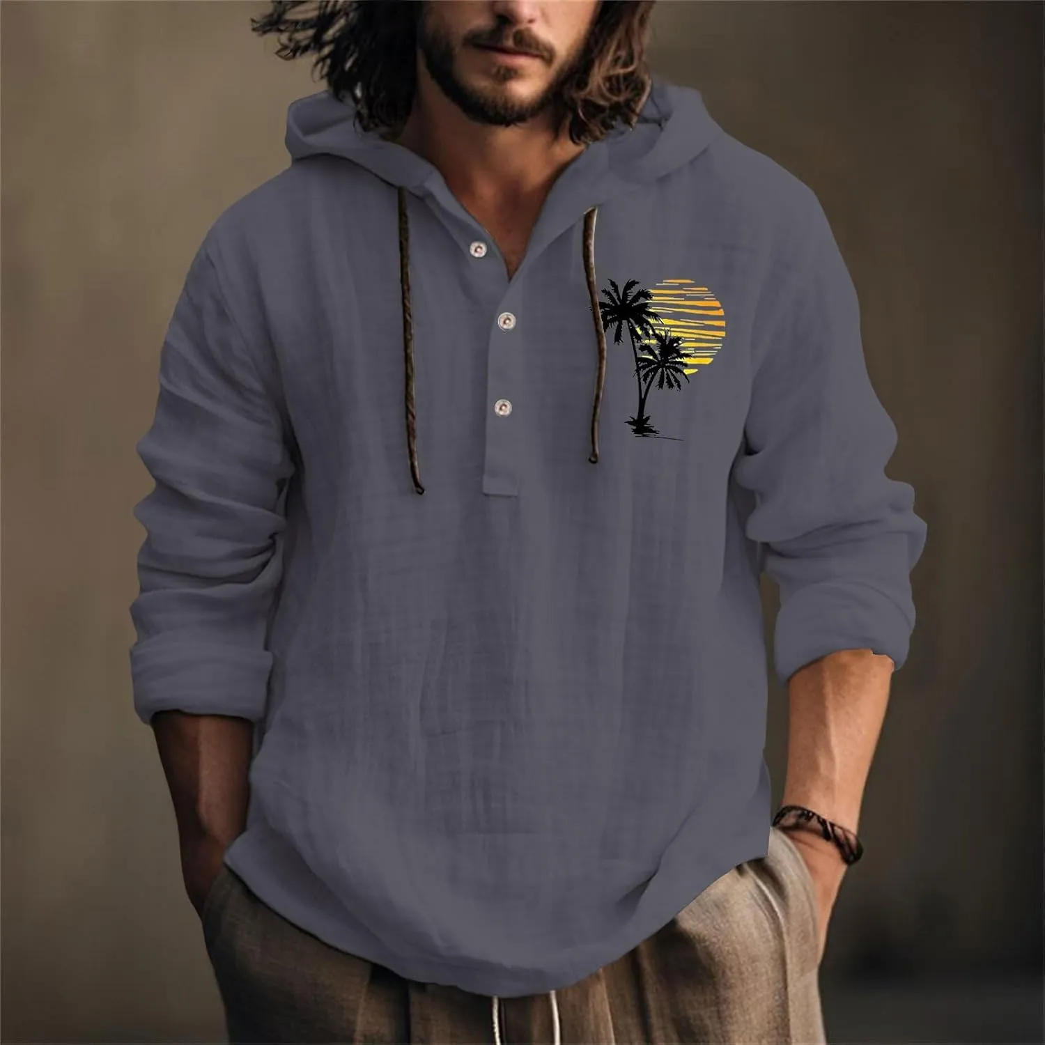 Linen Button Down Coconut Tree Pattern Printed Hooded Shirt Casual Summer Vacation Beach Long Sleeve Tees with Hooded
