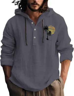 Linen Button Down Coconut Tree Pattern Printed Hooded Shirt Casual Summer Vacation Beach Long Sleeve Tees with Hooded