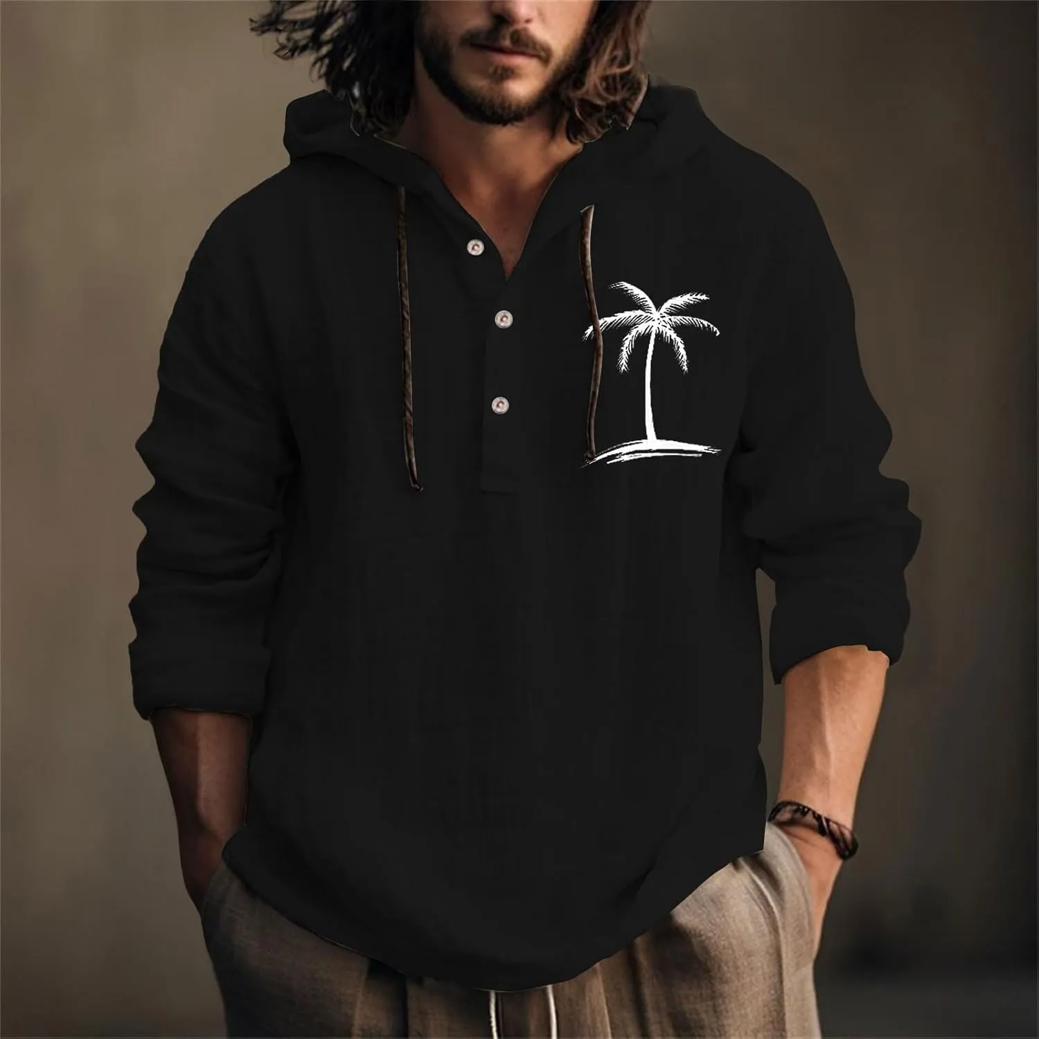 Linen Button Down Coconut Tree Pattern Printed Hooded Shirt Casual Summer Vacation Beach Long Sleeve Tees with Hooded
