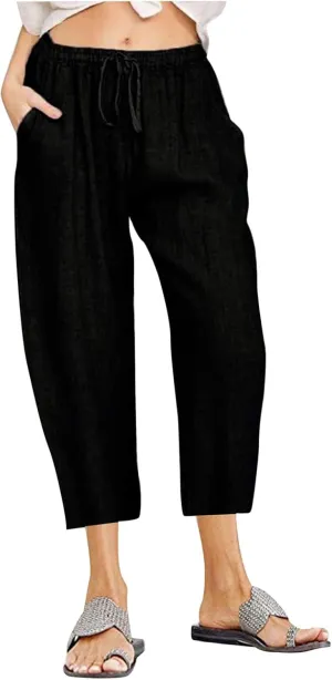 Linen Capri Pants for Women Wide Leg Palazzo Pant Casual Summer Cotton Linen Pants Cropped Trousers Pant with Pocket