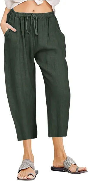 Linen Capri Pants for Women Wide Leg Palazzo Pant Casual Summer Cotton Linen Pants Cropped Trousers Pant with Pocket