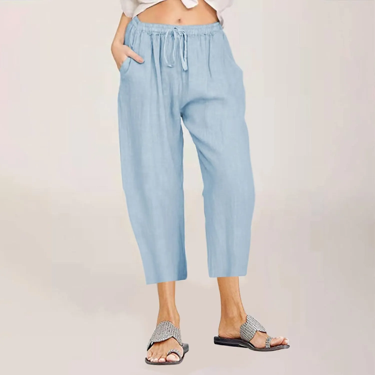Linen Capri Pants for Women Wide Leg Palazzo Pant Casual Summer Cotton Linen Pants Cropped Trousers Pant with Pocket