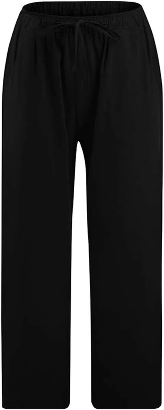 Linen Capri Pants for Women Wide Leg Palazzo Pant Casual Summer Cotton Linen Pants Cropped Trousers Pant with Pocket
