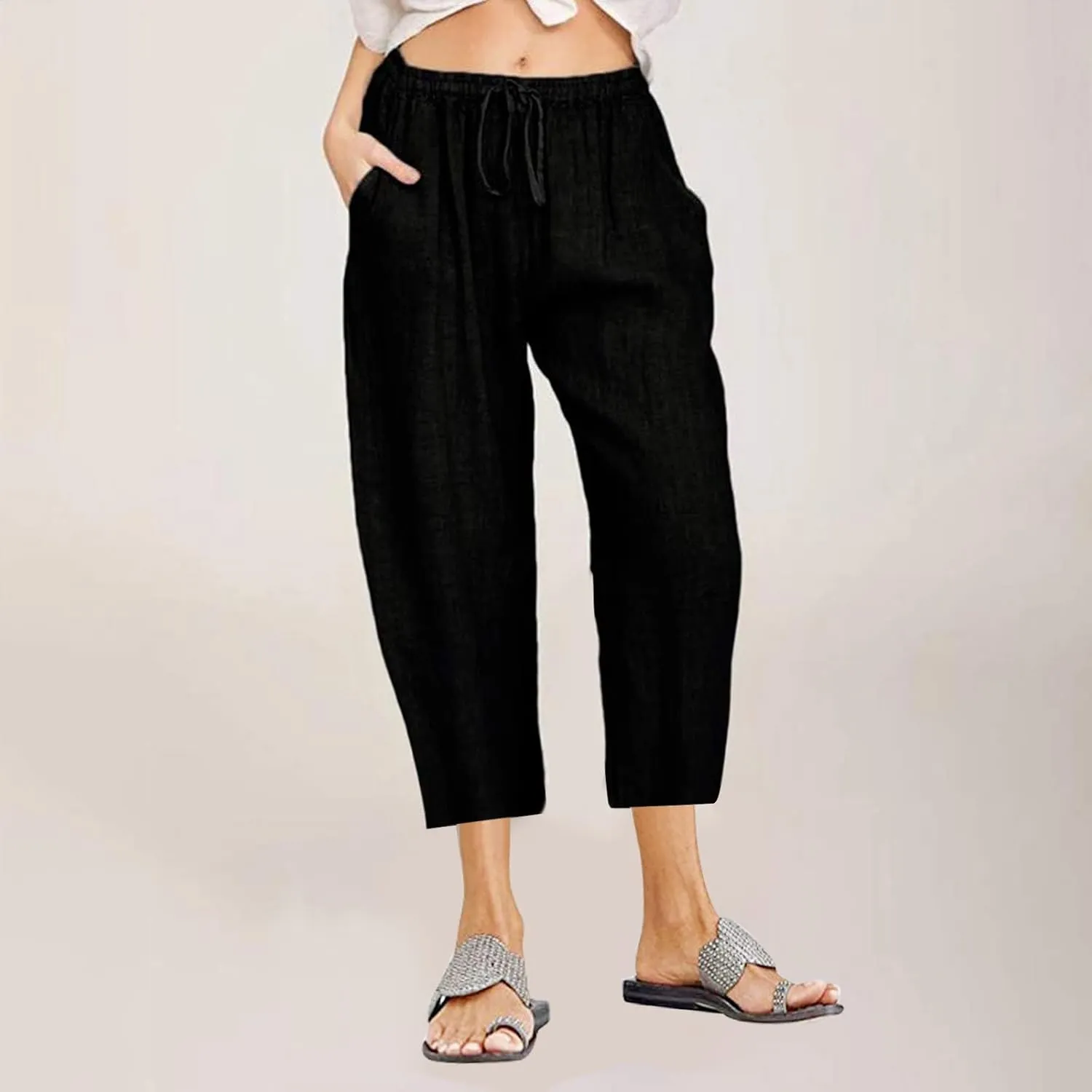 Linen Capri Pants for Women Wide Leg Palazzo Pant Casual Summer Cotton Linen Pants Cropped Trousers Pant with Pocket