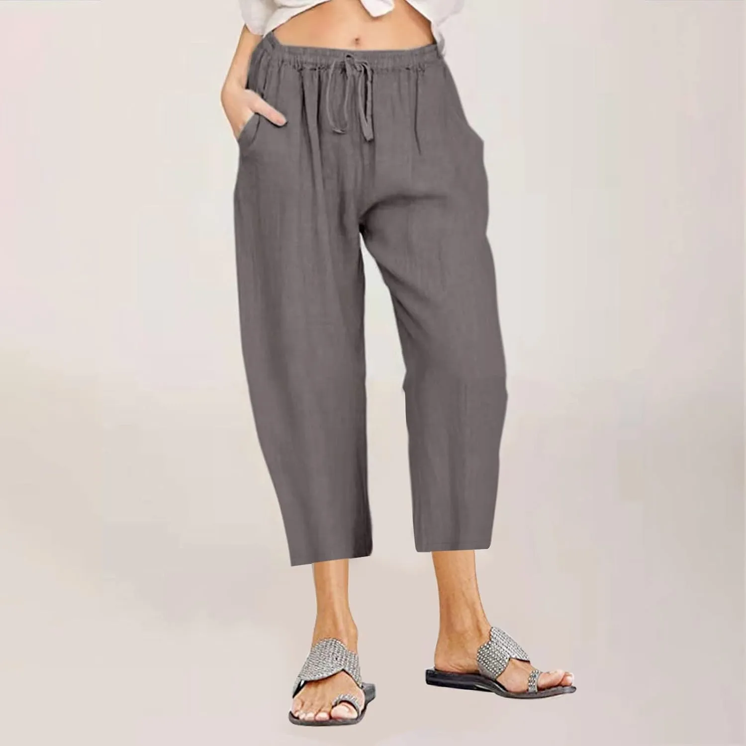 Linen Capri Pants for Women Wide Leg Palazzo Pant Casual Summer Cotton Linen Pants Cropped Trousers Pant with Pocket