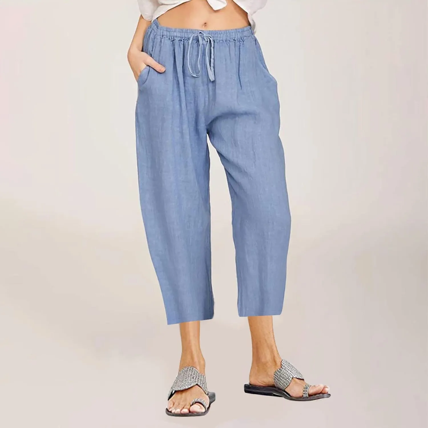 Linen Capri Pants for Women Wide Leg Palazzo Pant Casual Summer Cotton Linen Pants Cropped Trousers Pant with Pocket