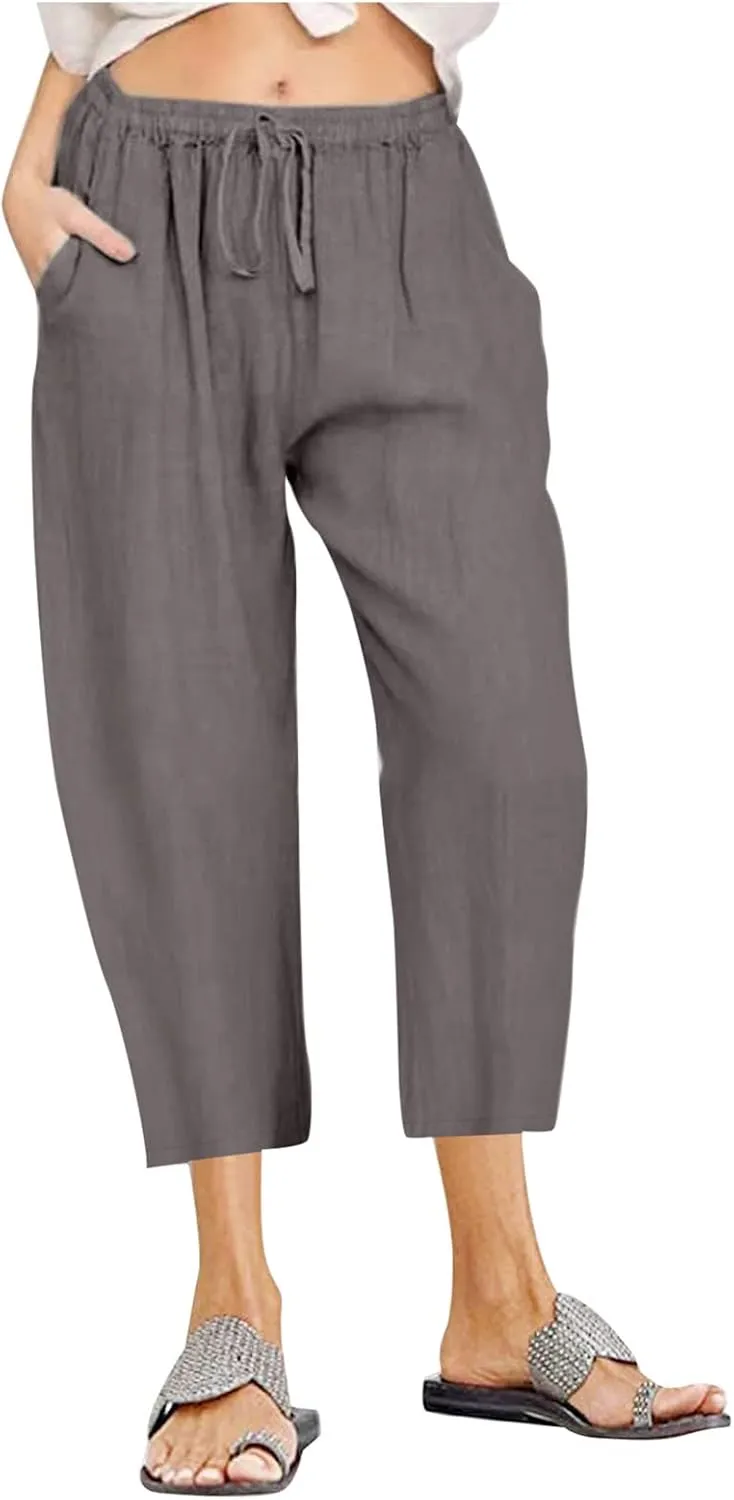 Linen Capri Pants for Women Wide Leg Palazzo Pant Casual Summer Cotton Linen Pants Cropped Trousers Pant with Pocket