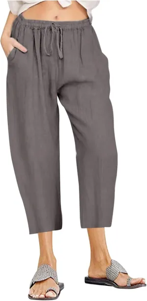 Linen Capri Pants for Women Wide Leg Palazzo Pant Casual Summer Cotton Linen Pants Cropped Trousers Pant with Pocket