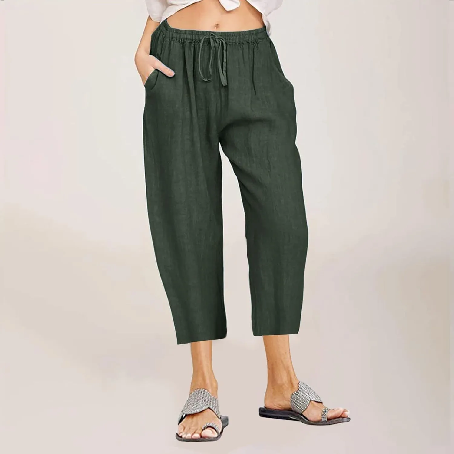 Linen Capri Pants for Women Wide Leg Palazzo Pant Casual Summer Cotton Linen Pants Cropped Trousers Pant with Pocket