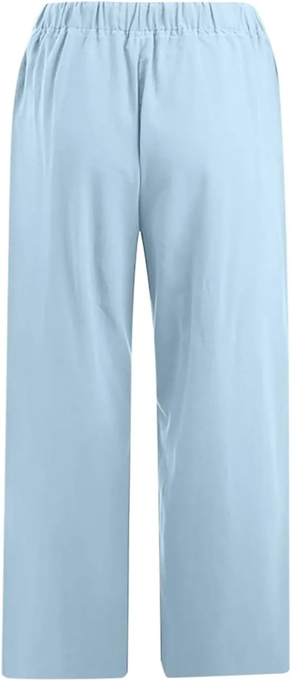 Linen Capri Pants for Women Wide Leg Palazzo Pant Casual Summer Cotton Linen Pants Cropped Trousers Pant with Pocket